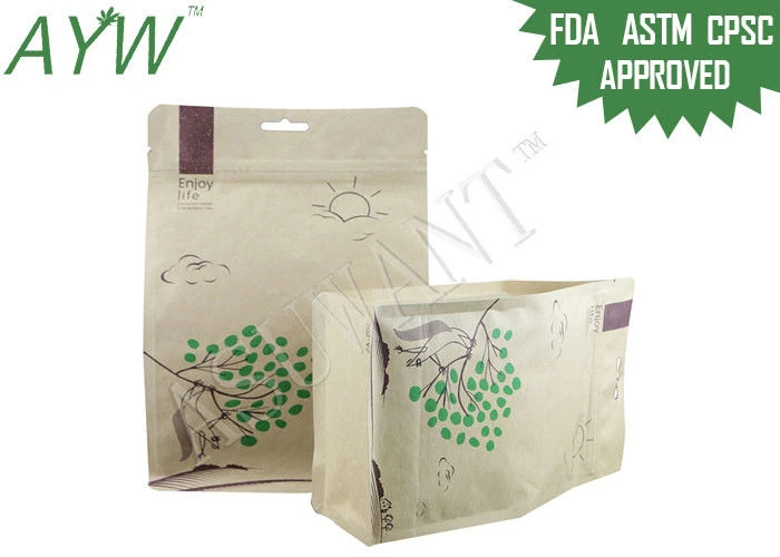 Loose Tea / Coffee Flat Bottom Bags Kraft Paper Doypack Eight Side Sealed With Zip Lock